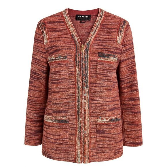 ST. JOHN Women's Tweed Red Jacket Multi-Color Trim Full Zip Made in USA Size 12 - Picture 1 of 8